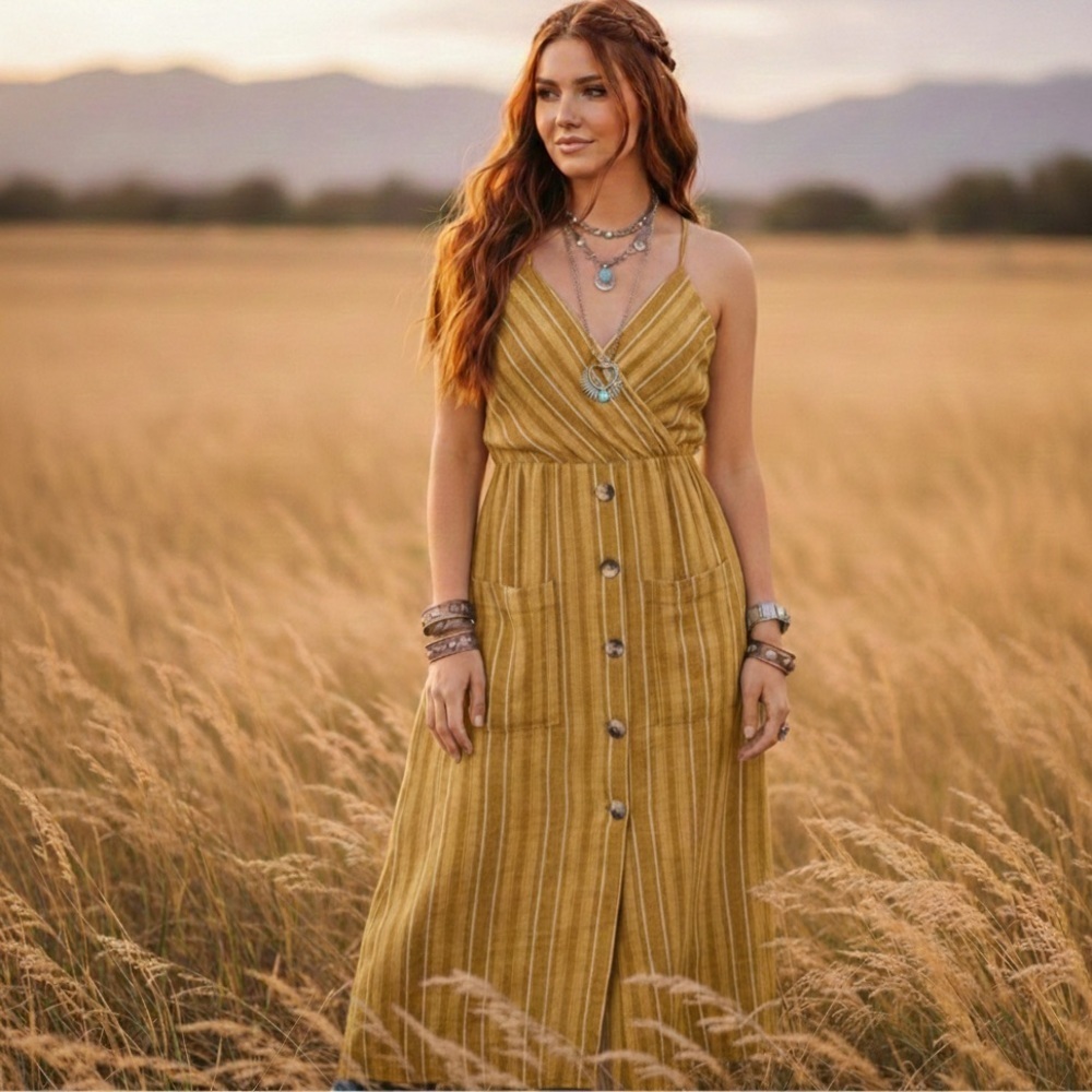 Indigo Rein Boho Mustard Yellow Striped Button-Down Dress Minimalist Natural S